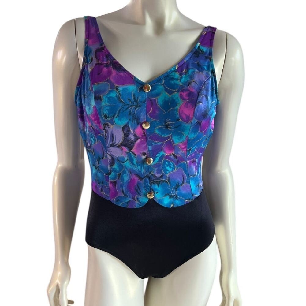 Vintage Jantzen Floral One Piece Swimsuit Size 14 Blue Purple